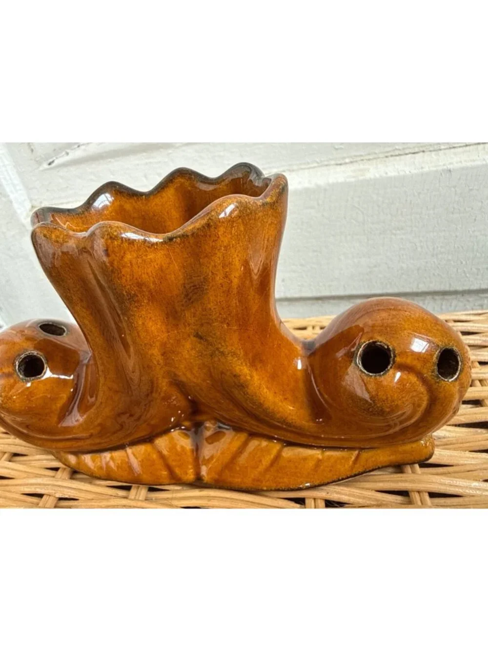 Vintage 70s Anna Van Briggle Brown Pottery Flower Frog Vase